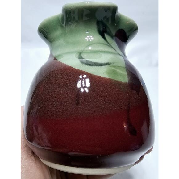 KENT FOLLETTE Pottery Cream And Sugar Set Cranberry/Green EUC Signed - Picture 3 of 13